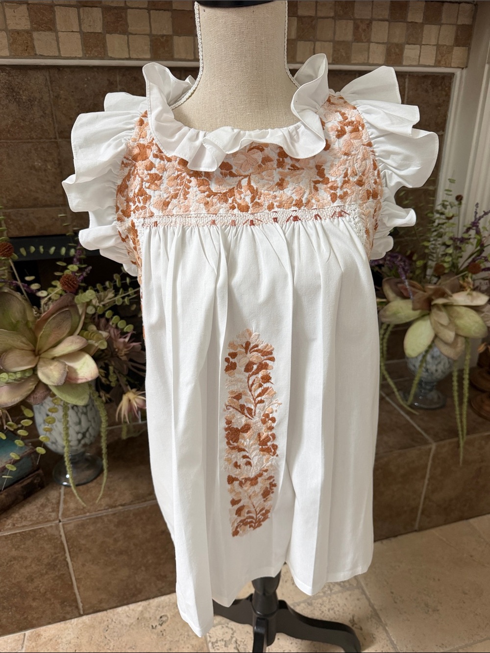 Mi Golondrina Olivia Top white tan brown ruffled neck sleeves blouse top S